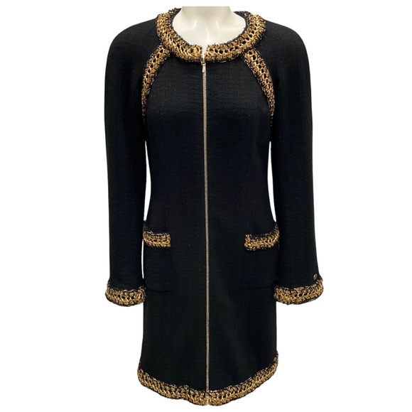 CHANEL BLACK / GOLD METALLIC PARIS SHANGHAI 2010 BRAIDED TRIM FULL ZIP WOOL DRES - Picture 1 of 6